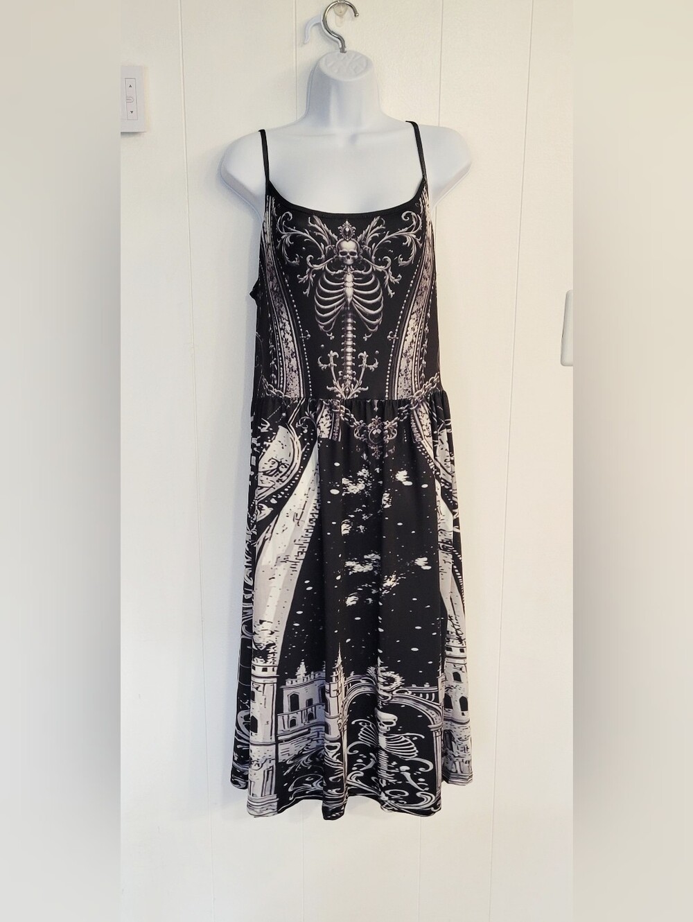 Black Skeleton-Print Spaghetti Strap Midi Dress